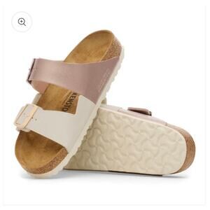 NWOB Birkenstock Arizona Split 37 narrow rose gold bronze white